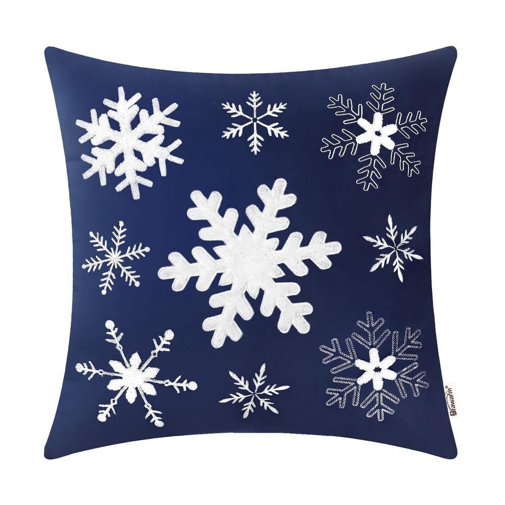 9715 Christmas Pillow Cover 20 X 20 Inches, Navy Blue Snowflake Embroidered